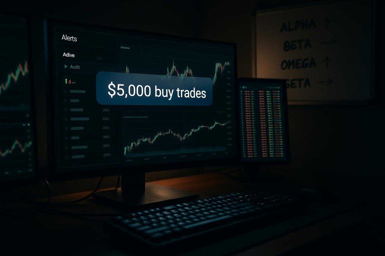 Moody multi-monitor alerts desk for market dashboards, with blue banner reading “$5,000 buy trades” on screen.