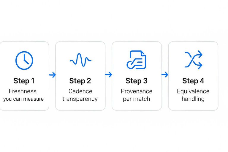 Four-step flow: Freshness you can measure, Cadence transparency, Provenance per match, Equivalence handling
