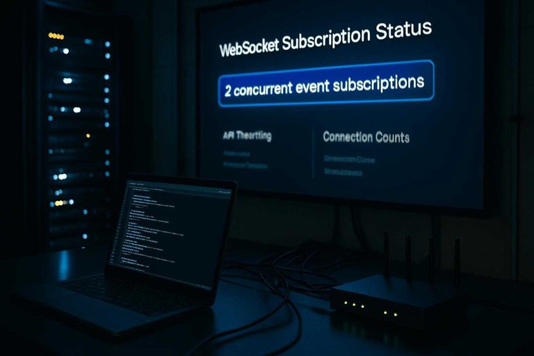 Ops room display highlights "2 concurrent event subscriptions" to illustrate Free-tier WebSocket subscription limits.