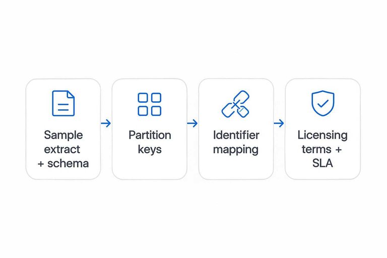 Four-step flow: Sample extract + schema → Partition keys → Identifier mapping → Licensing terms + SLA
