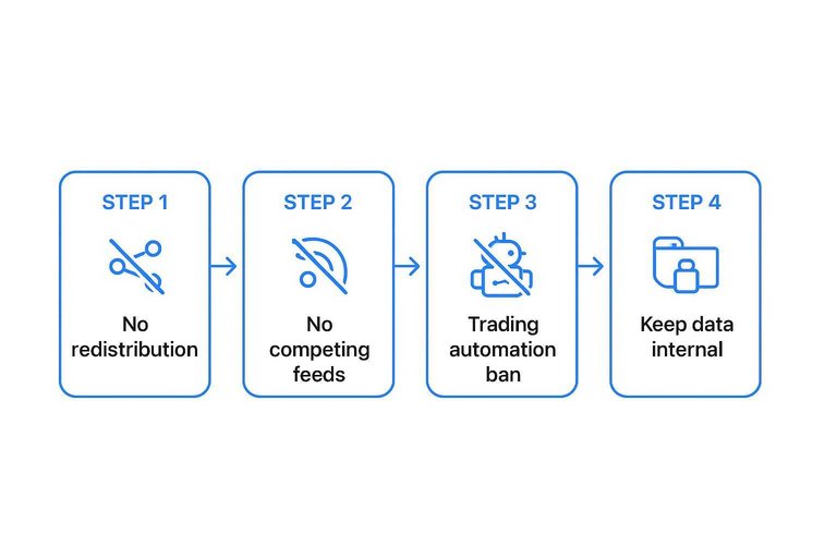 Four-step flow: No redistribution, No competing feeds, Trading automation ban, Keep data internal with arrows