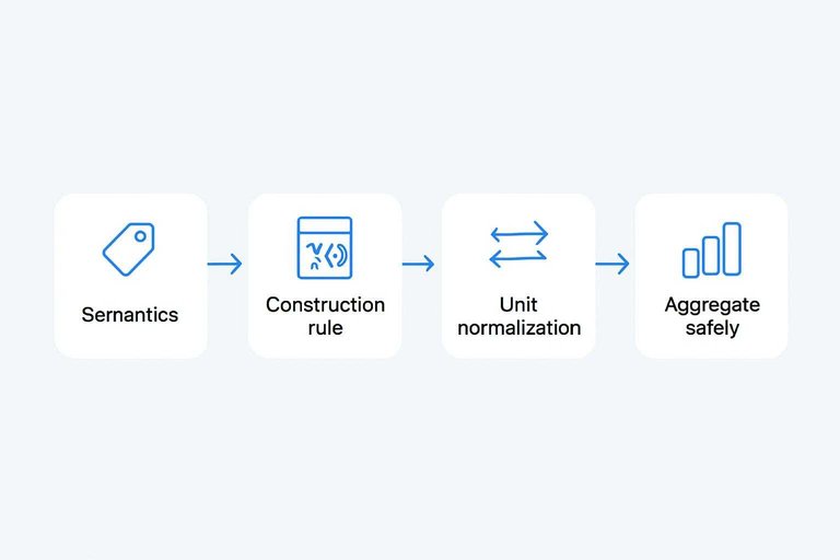 Four-step flow: Semantics, Construction rule, Unit normalization, Aggregate safely connected by arrows