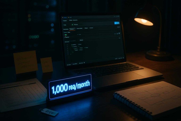 Moody data-workbench scene with an LED placard reading "1,000 req/month" highlighting API quota limits.