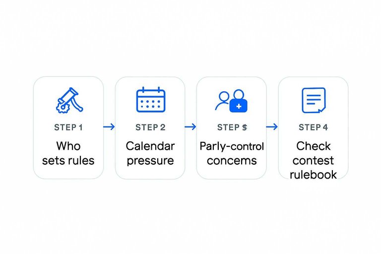 Four-step flow: Who sets rules, Calendar pressure, Party-control concerns, Check contest rulebook