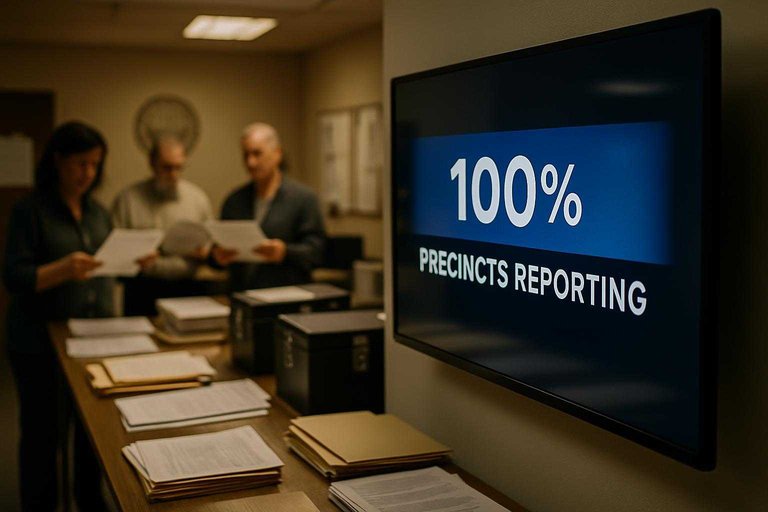 County election canvass room with monitor banner reading “100% precincts reporting” in blue as officials verify returns.