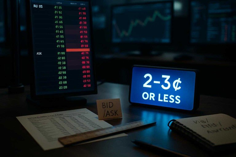 Moody trading desk with order-book screen and blue LED sign reading “2–3¢ or less” to stress tight spreads.