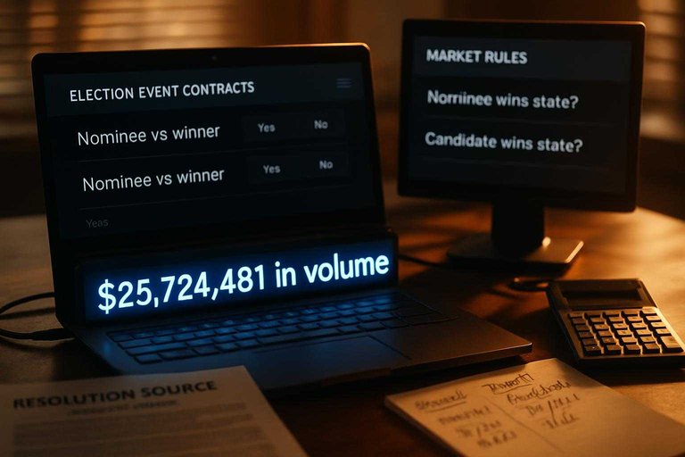 Trader desk with election contract rules; blue LED ticker reads “$25,724,481 in volume” to stress market volume.