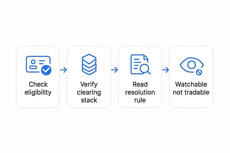 Four-step flow: Check eligibility, Verify clearing stack, Read resolution rule, Watchable not tradable