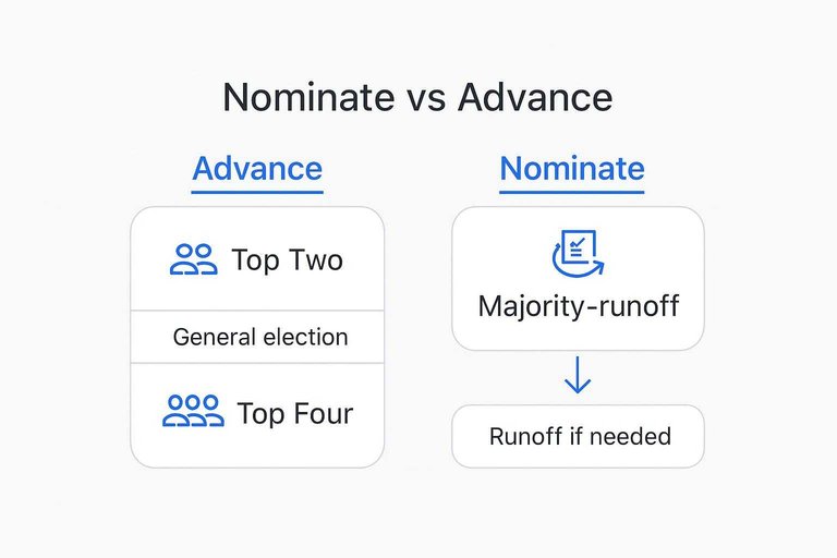 Nominate vs Advance comparison with three labels: Top Two, Top Four, and Majority-runoff in two columns