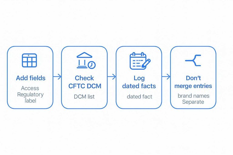Four-step flow: Add fields, Check CFTC DCM, Log dated facts, Don’t merge entries with arrows