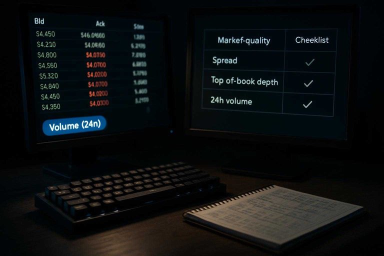 Dim trading desk screens show order book quality checks with blue-highlighted label “Volume (24h)”.