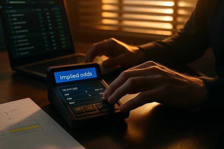 Trader’s desk with bid/ask terminal showing the blue label “Implied odds,” emphasizing executable pricing as anchor.