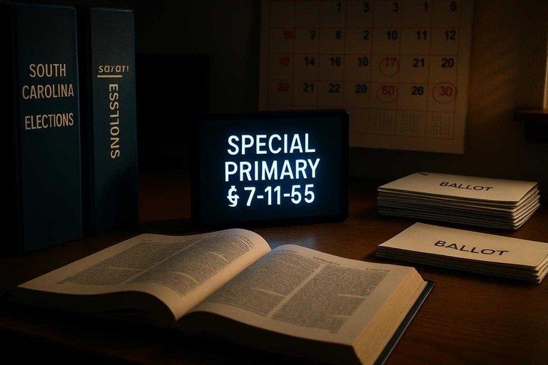 Election office desk and statute book, with blue-lit sign reading "special primary § 7-11-55" for vacancy rules.