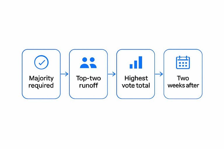 Four-step flow: Majority required → Top-two runoff → Highest vote total → Two weeks after, connected by arrows