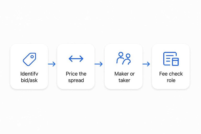 Four-step flow: Identify bid/ask, Price the spread, Maker or taker, Fee-check role with arrows