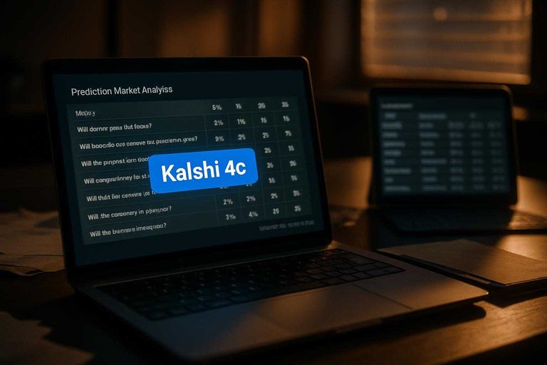 Trading-research desk with analytics page showing a blue-highlight label reading “Kalshi 4¢” for best spread.