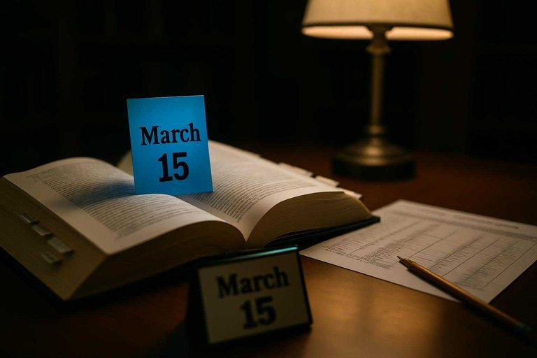 Open party rulebook on a table with a blue label reading "March 15," highlighting a delegate-rule cliff date.
