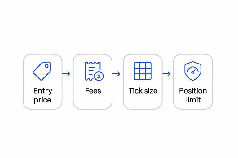 Four-step flow: Entry price, Fees, Tick size, Position limit connected by arrows
