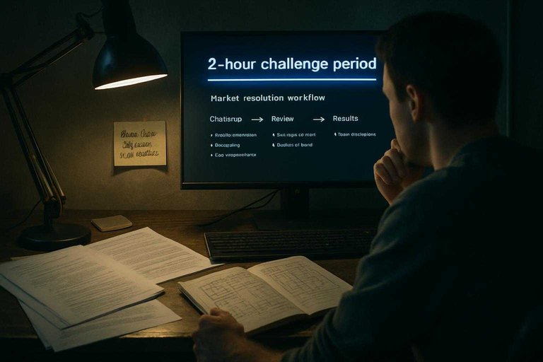 Moody trading desk scene with terminal header text "2-hour challenge period" highlighted in blue on a monitor.