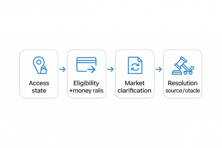 Four-step filter flow: Access state, Eligibility + money rails, Market clarification, Resolution source / oracle