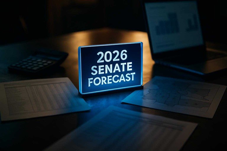 Newsroom-style forecast desk with polls and maps, LED sign reading “2026 Senate Forecast” in blue.