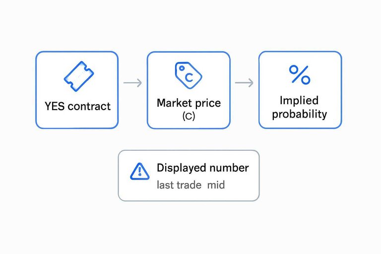 Three-step flow: YES contract → Market price (¢) → Implied probability, with note on Displayed number (last trade, mid)