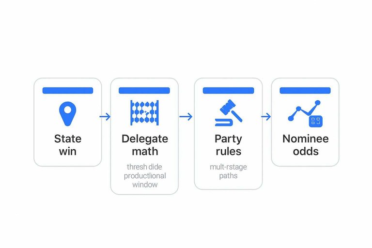 Four-step flow: State win → Delegate math → Party rules → Nominee odds, connected by arrows