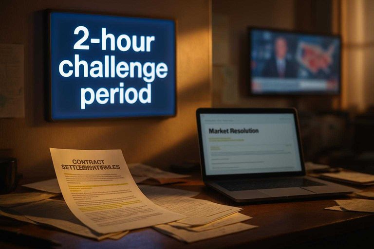 Trading desk with settlement-rule papers and a digital notice reading “2-hour challenge period” in blue accent light.