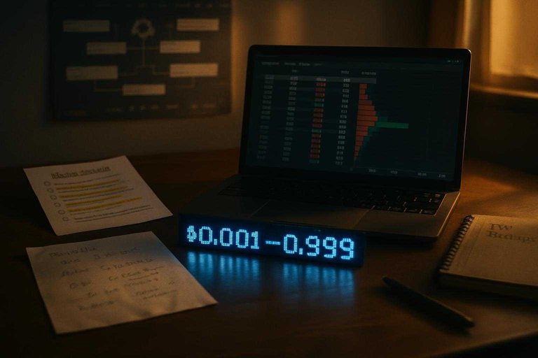 Prediction-market desk scene with LED ticker reading "$0.001–$0.999" beside order book screens and Elo notes.