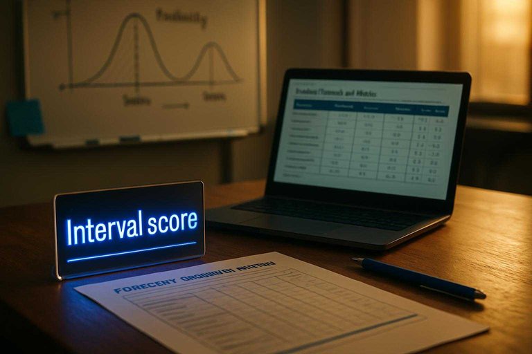 Election-forecast scoring desk with laptop table and a blue placard reading "Interval score" for metric selection.
