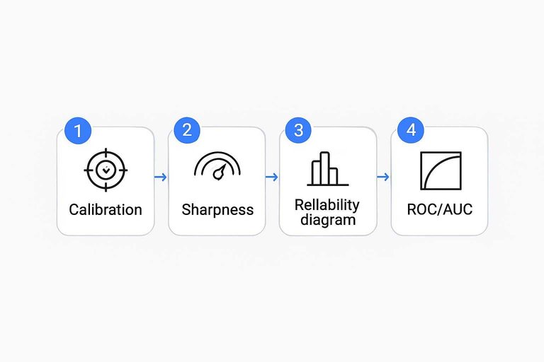 Four-step flow: Calibration, Sharpness, Reliability diagram, ROC/AUC connected by arrows
