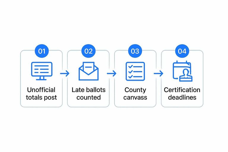 Four-step flow: Unofficial totals post, Late ballots counted, County canvass, Certification deadlines with arrows