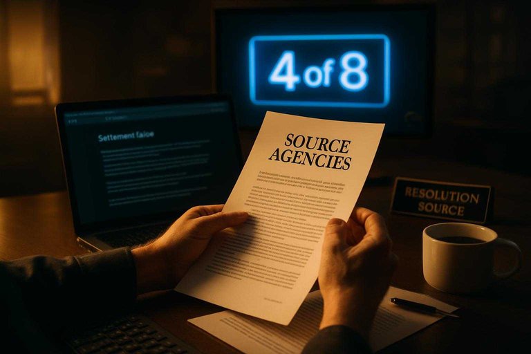 Trader reviews settlement clauses while a studio monitor shows the blue overlay text “4 of 8” for early calls.