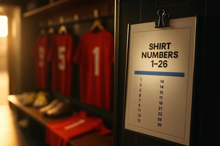 Locker-room roster board shows highlighted text "shirt numbers 1–26" in blue, beside goalkeeper gear and jerseys.