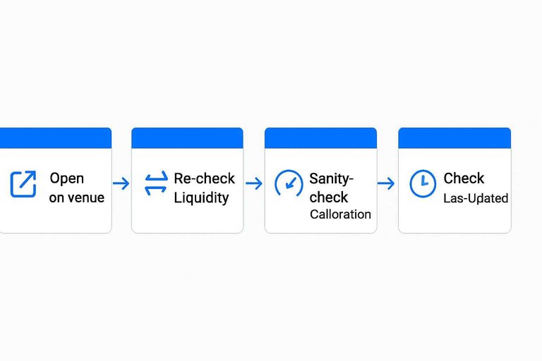Four-step verification flow: Open on venue, Re-check Liquidity, Sanity-check Calibration, Check Last updated