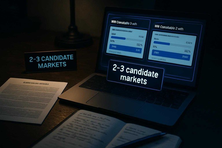 Analyst desk comparing market contracts; laptop label reads “2–3 candidate markets” highlighted in blue.