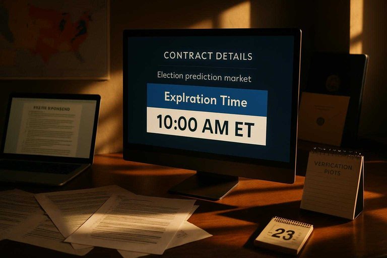 Election market desk with contract rules on screens; monitor highlights "10:00 AM ET" as the expiration trigger.
