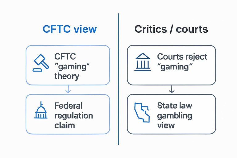Two-column comparison: CFTC “gaming” theory, Federal regulation claim vs Courts reject “gaming”, State law gambling view