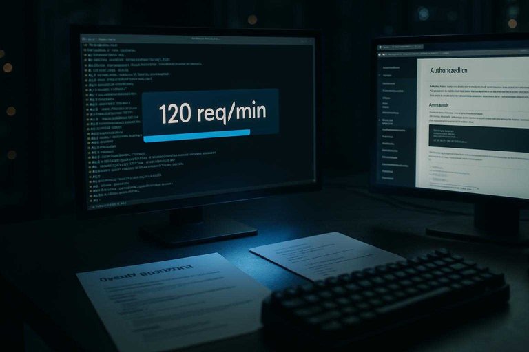 Developer desk with API docs and a monitor banner reading “120 req/min” highlighted in blue for rate limits.