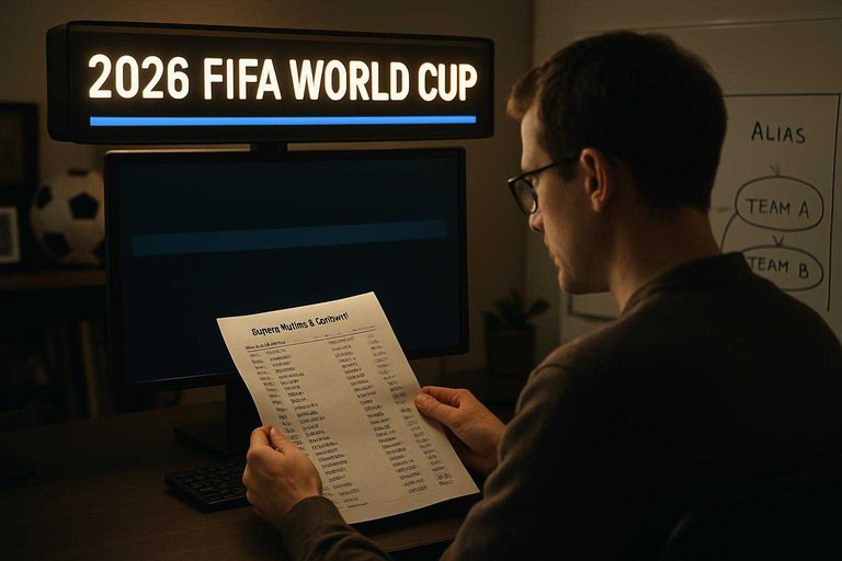 Sports data workspace with a monitor header reading "2026 FIFA World Cup" in blue while team name variants are mapped.