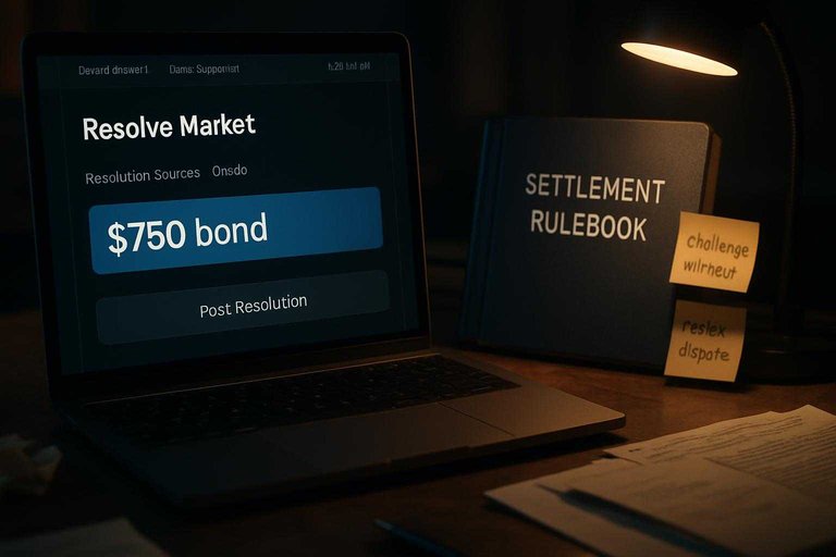 Moody trading desk scene with oracle settlement screen highlighting “$750 bond” in blue during a dispute workflow.