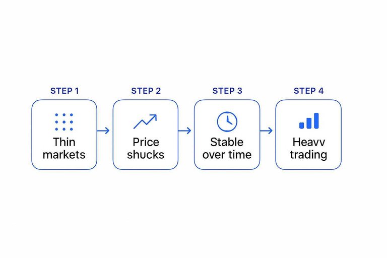 Four-step flow: Thin markets → Price shocks → Stable over time → Heavy trading with connecting arrows