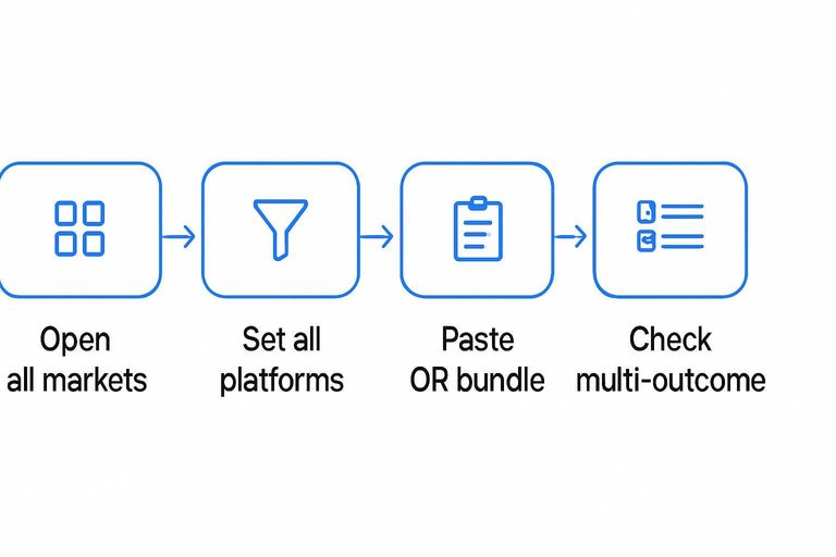 Four-step flow: Open All Markets → Set All Platforms → Paste OR bundle → Check multi-outcome