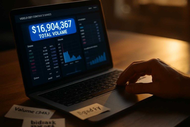 Trader desk scene evaluating venue liquidity; blue-highlight overlay reads “$16,904,867 total volume”.