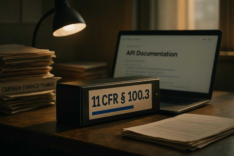 Compliance desk with FEC filings and a binder labeled “11 CFR § 100.3” in blue, highlighting rule gotchas.