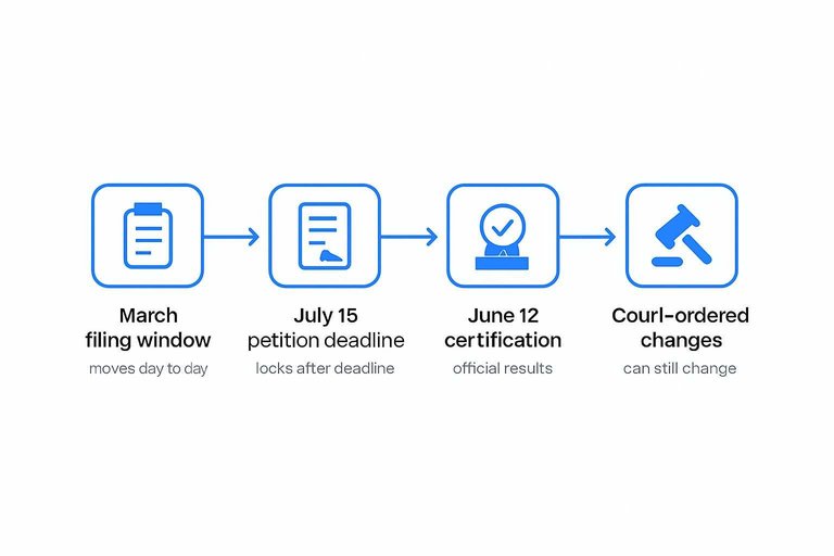 Four-step timeline: March filing window, July 15 petition deadline, June 12 certification, Court-ordered changes