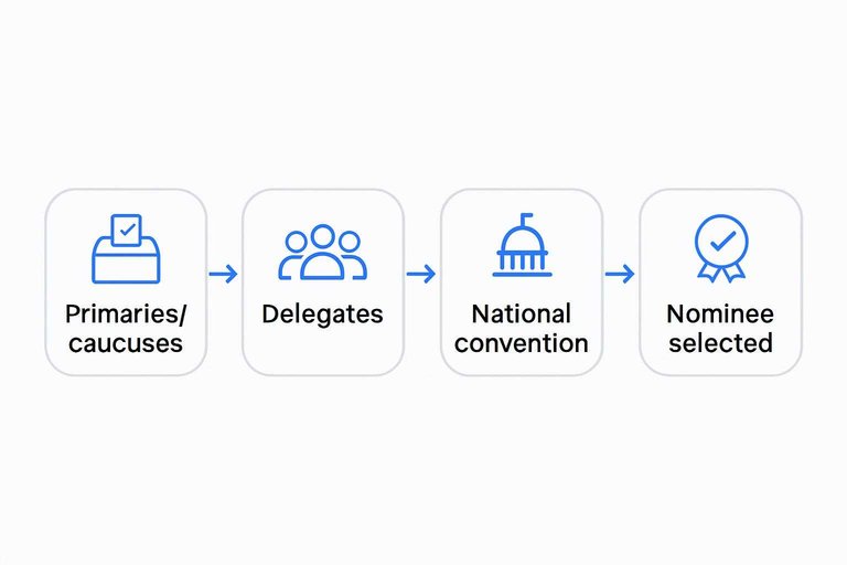 Four-step process: Primaries/caucuses → Delegates → National convention → Nominee selected