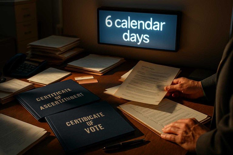 State election office desk with Electoral College forms and a blue-lit sign reading “6 calendar days”.