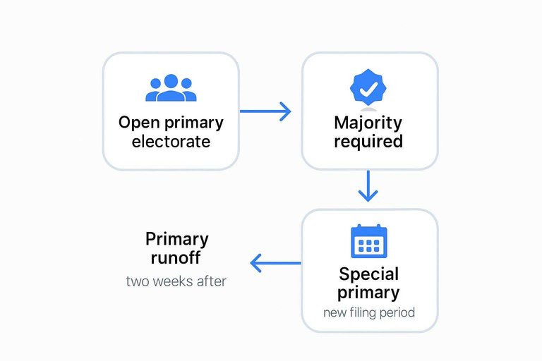Four-step flow: Open primary electorate, Majority required, Primary runoff, Special primary connected by arrows