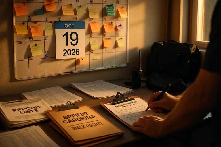 Field ops room with a campaign calendar showing the blue-highlighted text "Oct 19, 2026" for early voting kickoff.